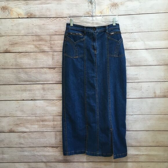 VINTAGE NO FUZE MODEST MAXI JEAN SKIRT - Picture 1 of 6